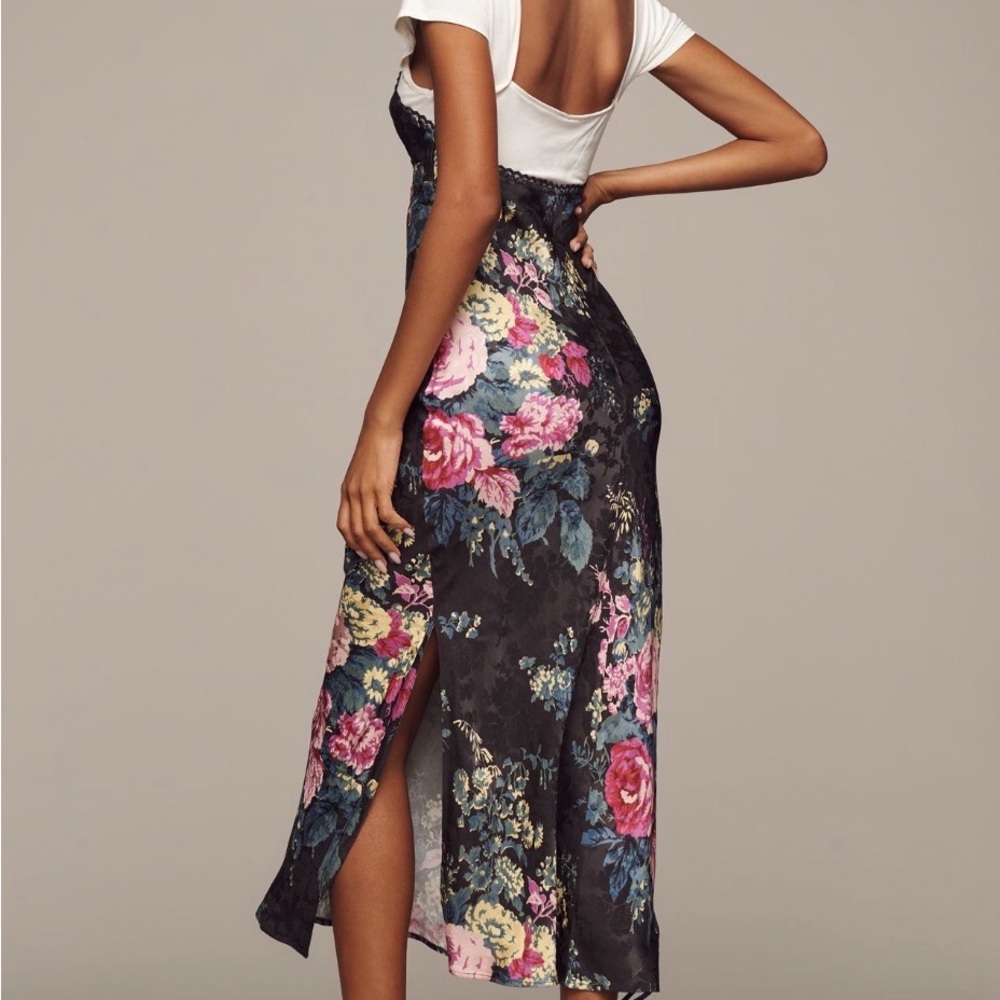 By Anthropologie twofer Floral Slip Midi Dress in Black with Pink Bouquet
